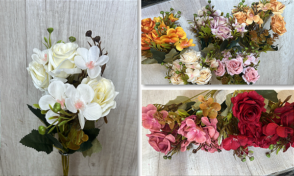 Buquê Artificial de Rosas e Orquídeas – Ref. 94023Com folhagem verde e flores mistas realistas.Cores: Branco, Vermelho
