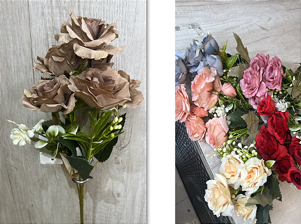 Buquê Artificial de Rosas – Ref. 93074Cores: Marrom, Azul, Pêssego, Rosa, Vermelho e Creme.