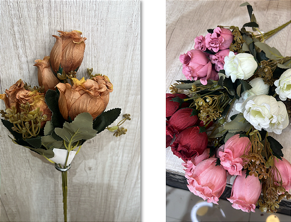 Buquê Artificial de Botões de Rosas com Folhagem – Disponível em Diversas Cores (Marrom, Vermelho, Rosa e Branco), Ideal