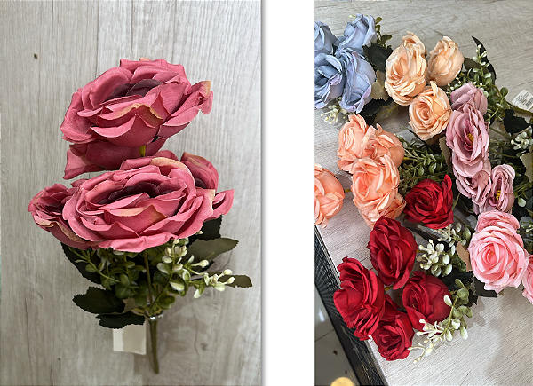 Buquê Artificial de Rosas com Botões e Folhagem – Disponível em Diversas Cores (Vermelho, Rosa, Lilás, Pêssego e Azul),