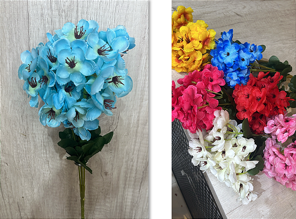 Buquê Artificial de Hortênsias com Folhagem – Disponível em Diversas Cores (Azul, Amarelo, Vermelho, Rosa e Branco), Ide