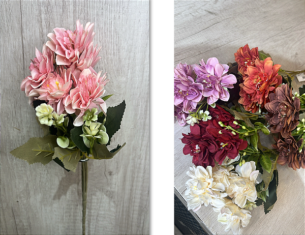 Buquê Artificial de Dálias com Folhagem – Disponível em Diversas Cores (Rosa, Roxo, Vermelho, Branco, Marrom e Laranja),