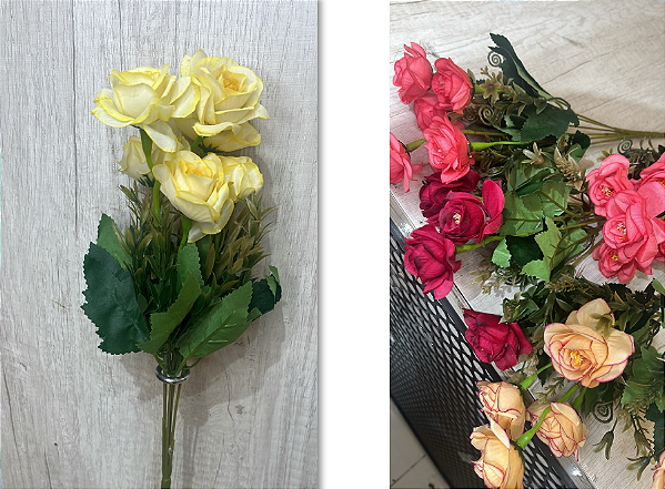 Buquê Artificial de Rosas com Folhagem – Disponível em Cores Variadas (Amarelo, Vermelho e Rosa), Ideal para Arranjos, V