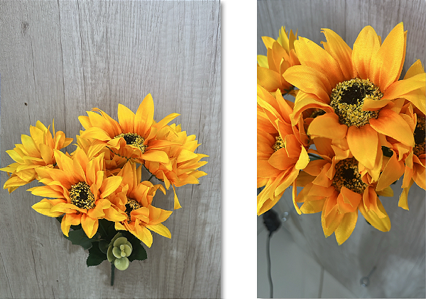 Buquê Artificial de Girassóis Amarelos com Folhagem Verde – Composto por Múltiplas Flores Vibrantes, Ideal para Arranjos