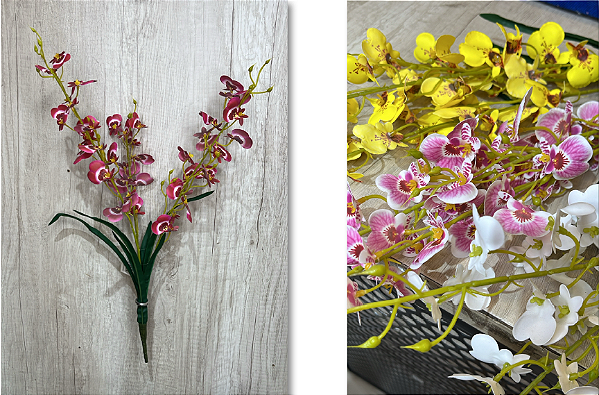 Haste Artificial de Orquídea Phalaenopsis Pink com Detalhes Amarelos e Folhas Verdes