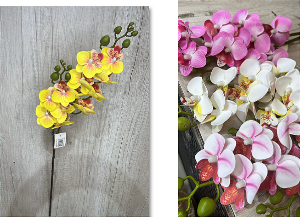 Haste Artificial de Orquídea Phalaenopsis Amarela com Detalhes Rosas e Botões Verdes