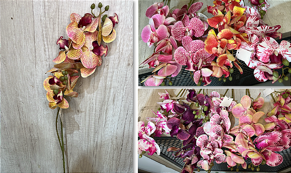 Haste Artificial de Orquídea Phalaenopsis Amarela com Detalhes Roxos