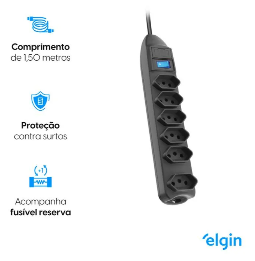 Protetor de Linha - 6 Tomadas 2P +T Fusível Chave Liga/Desliga 1,5M Elgin