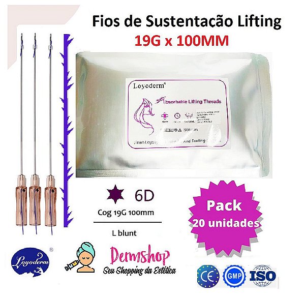 Pacote Fios de sustentação Cog 6D 19Gx100mm Ponta Romba Canulado espiculado (20 peças) Loyoderm