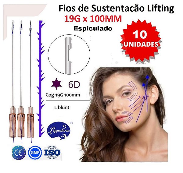 Fios de Sustentação Cog 6D 19Gx100mm Espiculados Ponta Romba W Canulado (10 peças) Loyoderm