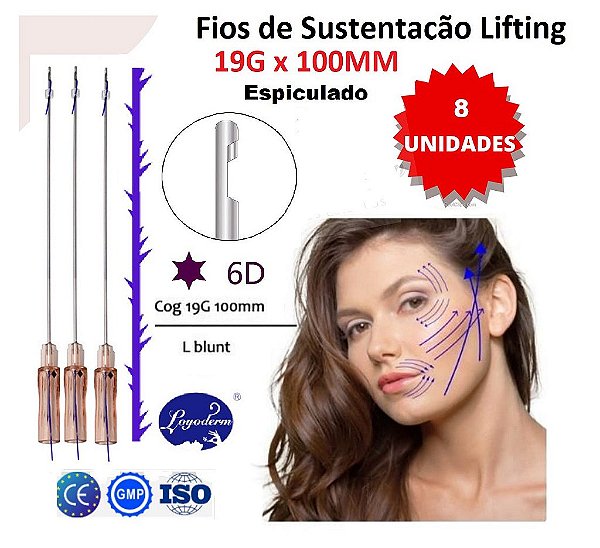 Fios de Sustentacao 6D 19G x 100mm Ponta Romba Cânula W Blunt (8 peças) Loyoderm