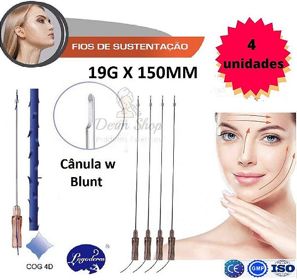 Fio de Sustentação Pdo Cog 6D Espiculado 19G X 150mm Ponta Romba Cânula W (4 Unidades)- Loyoderm