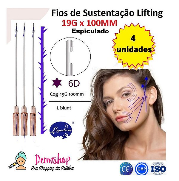 Fios de Sustentacao 6D 19G x 100mm Ponta Romba Cânula W Blunt (4 peças) Loyoderm