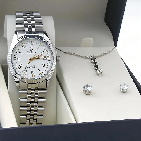 Kit Relógio Champion Feminino Ch24777n Colar + Brincos