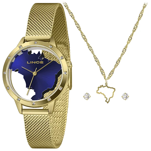 Relógio Lince LRG4868L34 K0LM Brasil Verde Dourado 34mm