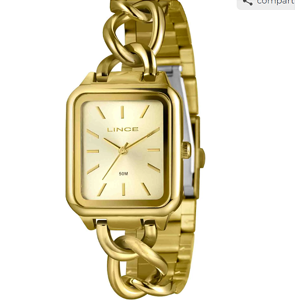 Relógio Lince Feminino Dourado Quadrado Resistência Água 50m Lqg4825l30