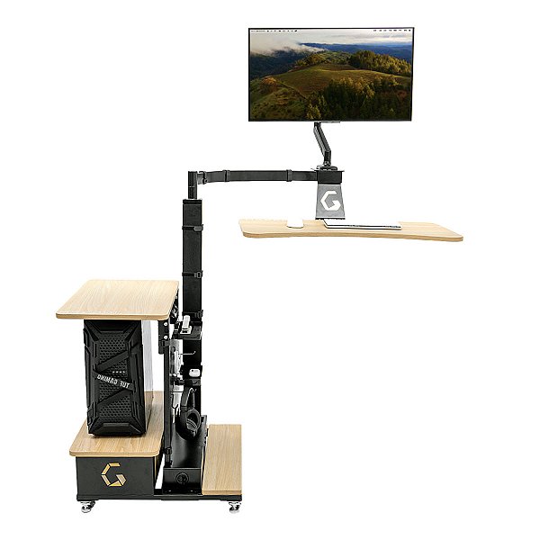 Mesa Flutuante Elétrica Ingrem Floating Desk Preto com Madeira Versão com Prateleira na Esquerda 220V Ajuste De Altura Braço Articulado para Monitor Integrado VESA 100x100mm e 75x75mm Painel Organizador Perfurado