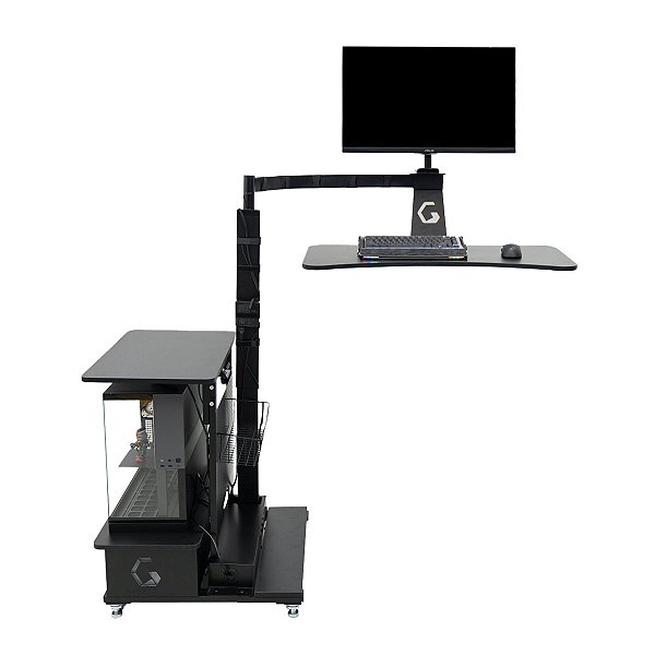 Mesa Flutuante Elétrica Ingrem Floating Desk Preto Versão com Prateleira na Esquerda 220V Ajuste De Altura Braço Articulado para Monitor Integrado VESA 100x100mm e 75x75mm Painel Organizador Perfurado