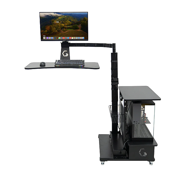 Mesa Flutuante Elétrica Ingrem Floating Desk Preto Versão com Prateleira na Direita 220V Ajuste De Altura Braço Articulado para Monitor Integrado VESA 100x100mm e 75x75mm Painel Organizador Perfurado