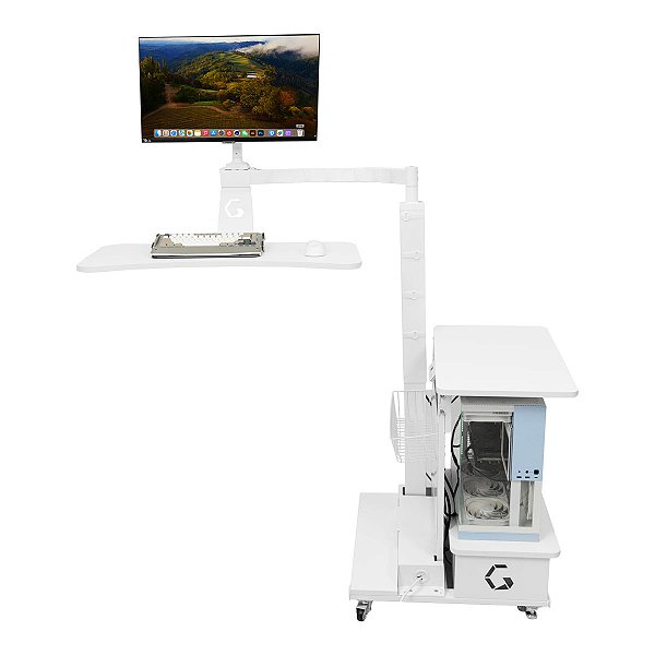 Mesa Flutuante Elétrica Ingrem Floating Desk Branco Versão com Prateleira na Direita Bivolt Ajuste De Altura Braço Articulado para Monitor Integrado VESA 100x100mm e 75x75mm Painel Organizador Perfurado