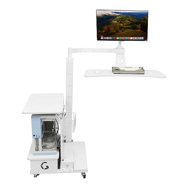 Mesa Flutuante Elétrica Ingrem Floating Desk Branco Versão com Prateleira na Direita 220V Ajuste De Altura Braço Articulado para Monitor Integrado VESA 100x100mm e 75x75mm Painel Organizador Perfurado 6973193060752