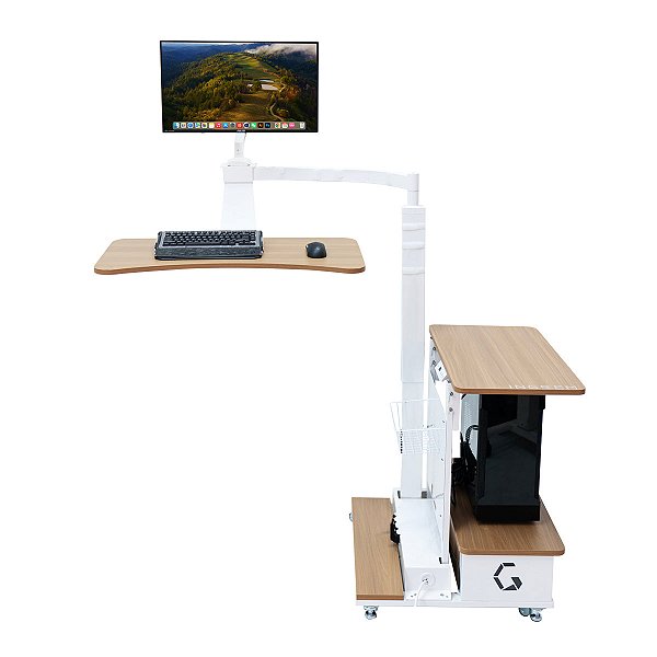 Mesa Flutuante Elétrica Ingrem Floating Desk Branco com Madeira Versão com Prateleira na Direita 220V Ajuste De Altura Braço Articulado para Monitor Integrado VESA 100x100mm e 75x75mm Painel Organizador Perfurado 6973193060783