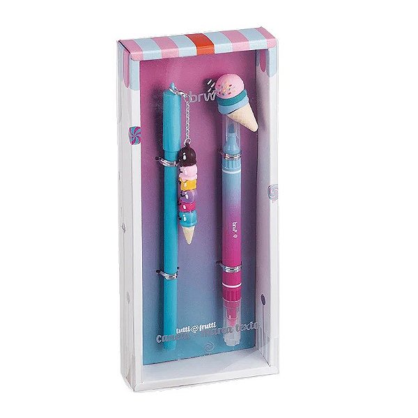 Kit Caneta Esferográfica + Marca Texto Tutti Frutti BRW – Sorvetinho