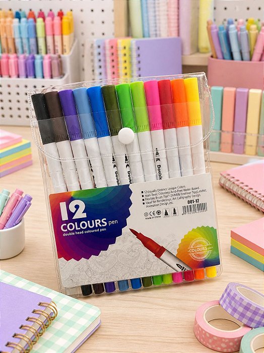 Kit Canetas Brush Pen 12 Cores Dual Tip – Estojo Transparente