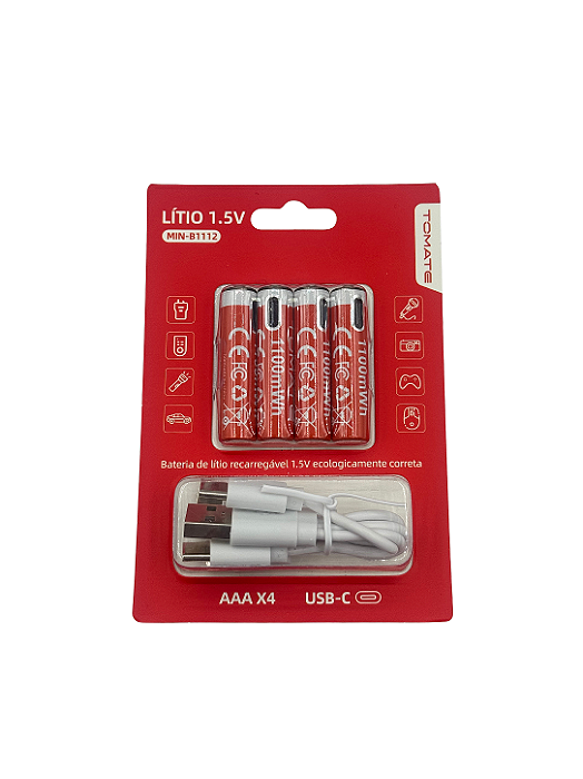 Bateria de Lítio Recarregável AAA 1,5V Tomate MIN-BT1112 – Kit com 4