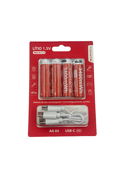 Bateria de Lítio Recarregável AA 1,5V Tomate MIN-BT1114 c/4 Unidades