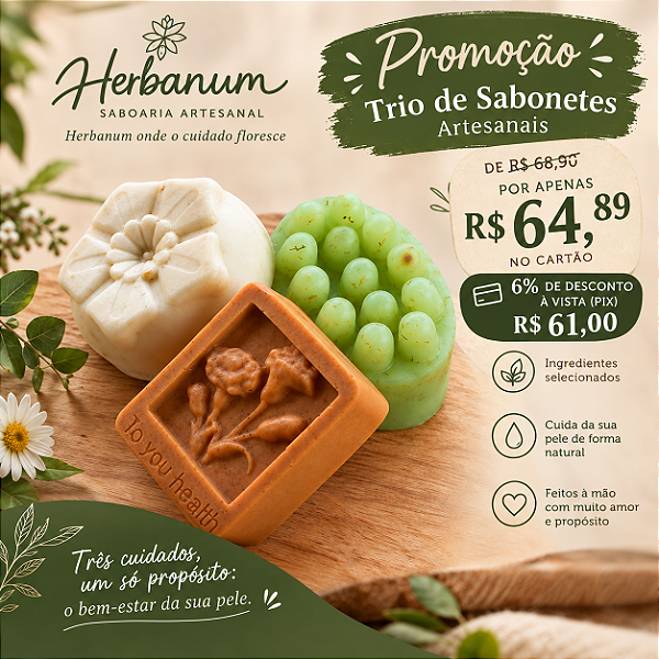 Conheça o Artesanal - Kit com 3 sabonetes ( Fresh, Calma Bôtanica e Terra Serena)