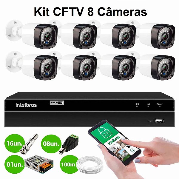 Kit CFTV 8 Câmeras FullHD DVR Intelbras 1208-C HD 500Gb Cabos e Conectores