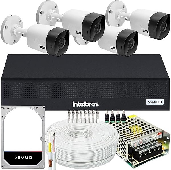 Kit CFTV 4 Câmeras FullHD DVR Intelbras 1204-C HD 500Gb Cabos e Conectores