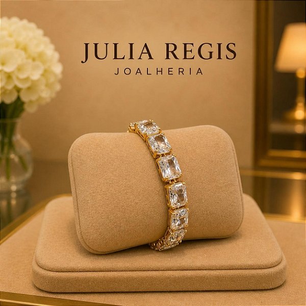 Bracelete Riviera Luxo Cristal Banhado a Ouro 18k