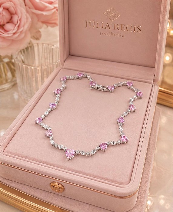Colar Luxo Encanto Cristal e Rosa Banhado no Ródio Branco