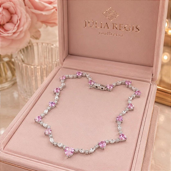 Colar Luxo Encanto Cristal e Rosa Banhado no Ródio Branco