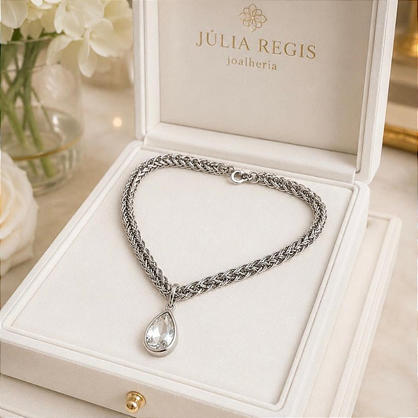 Colar Maxi Gota Cristal Banhado no Ródio Branco