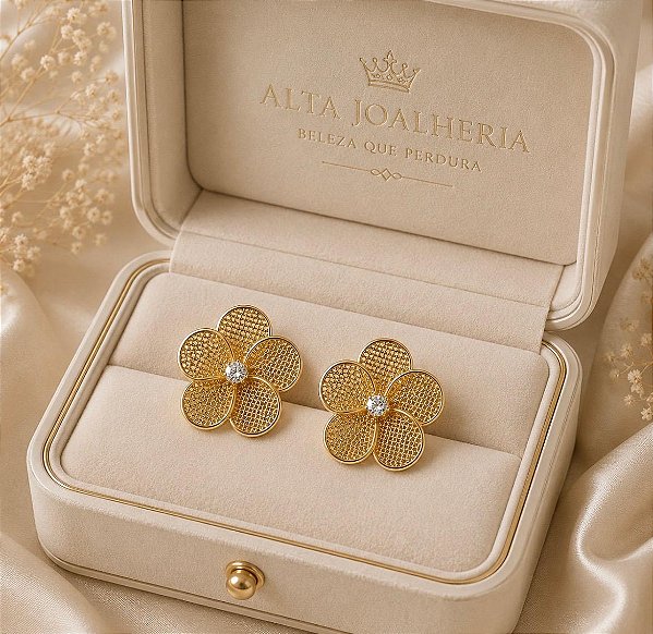 Brinco Luxo Flor Banhado a Ouro 18k