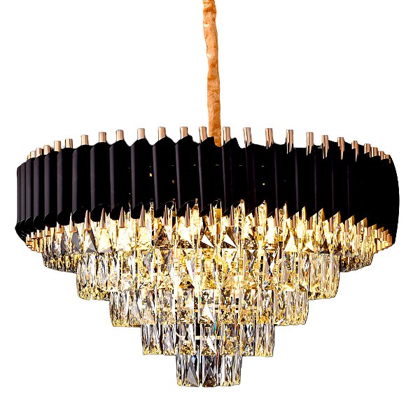 Lustre Pendente Redondo Ø75x44cm Metal Preto e Cristal Transparente com 15 Lâmpadas E14