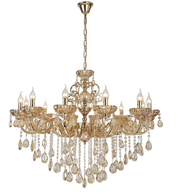 Pendente de Cristal Âmbar 100x100cm para 12 Lâmpadas E14 em Metal Dourado