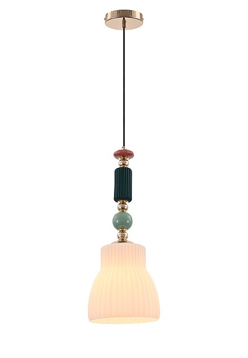 Pendente Ø20×48cm E27 Metal Dourado com Vidro Branco e Cerâmica com Cabo de 1,5m