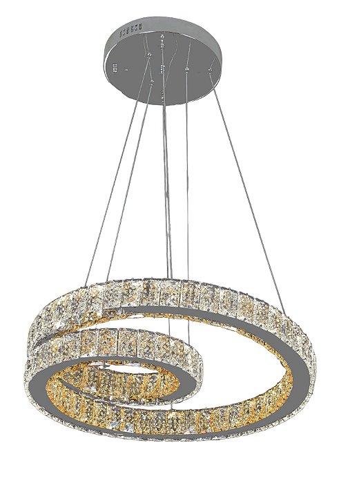 Pendente LED Redondo Ø50CM 72W 3000K 4000K 6000K 3400LM com Controle Remoto Bivolt em Metal Cromado e Cristal com Cabo de 1M