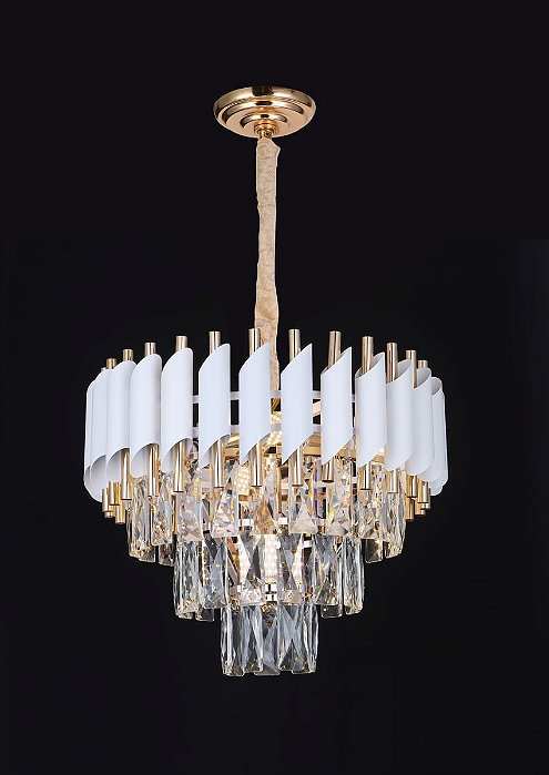 Pendente 40x29cm E14×5 Metal Branco + Cristal Transparente