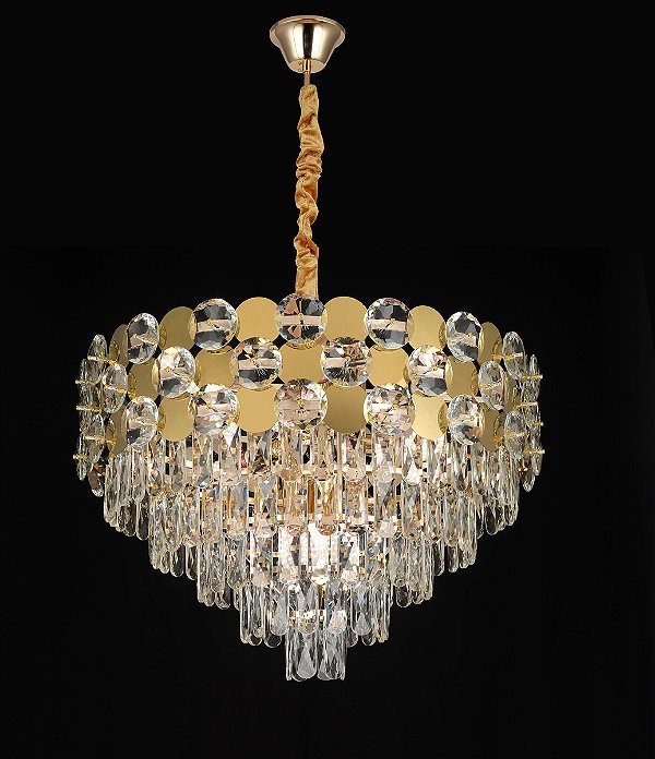 Pendente de Cristal Redondo 60x40cm para 12 Lâmpadas E14 40W Metal Dourado e Cristal Transparente com Cabo de 1M