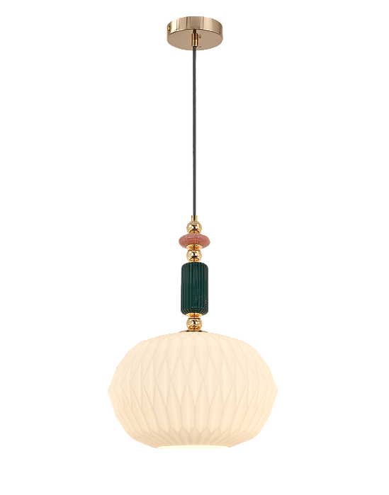 Pendente de Teto E27 Metal e Vidro Branco com Detalhes em Cerâmica e Cabo de 2M