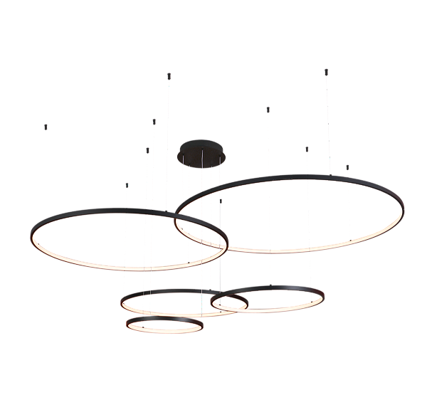 Pendente LED de 5 Aros Ø40+60+80+100+120CM 249W 17430lm 3000K Bivolt Alumínio Preto e Silicone com Cabo de 5m