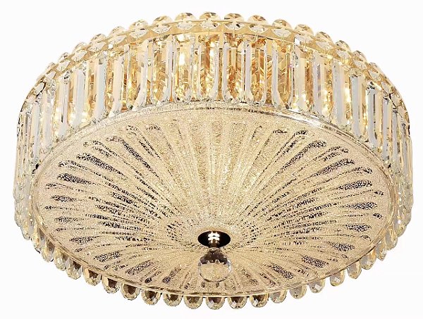 Plafon Redondo de Sobrepor 50×22CM para 9 Lâmpadas E14 em Metal Dourado e Cristal