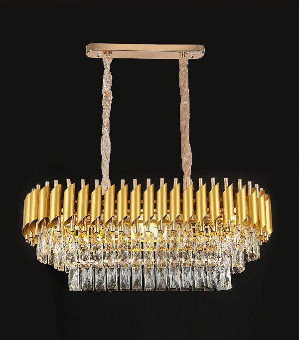 Pendente de Teto E14 8 Lâmpadas Metal Dourado e Cristal Transparente