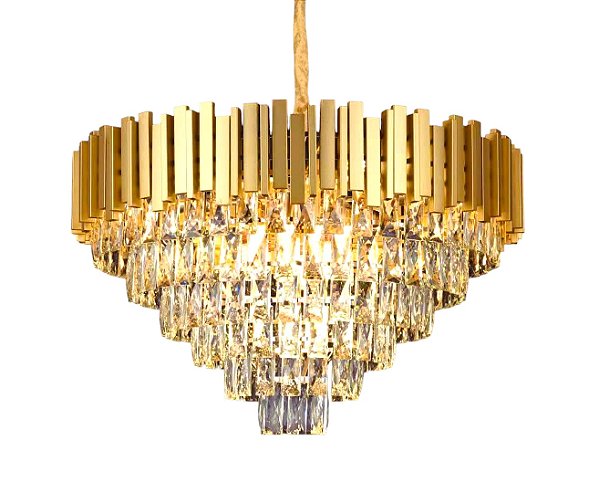 Lustre Pendente de Cristal 15 Lâmpadas E14 Metal Dourado e Cristal Transparente