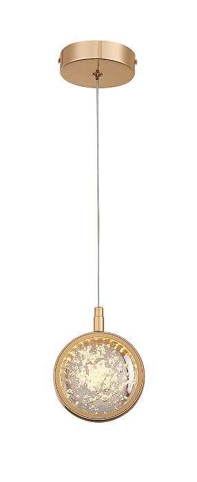 Pendente de Teto LED 6W 3000K Bivolt Metal Dourado e Cristal com Cabo de 2m